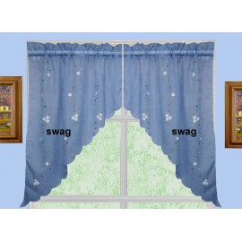 Creative Linens Daisy Embroidery Kitchen Curtain Valance, Tiers or Swags BLUE Window Treatment (60" wide x 38" long Swags)