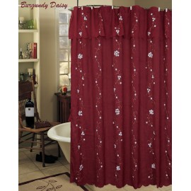 Creative Linens Daisy Embroidered Floral Fabric Shower Curtain with attached Valance Burgundy Holiday