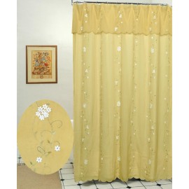 Creative Linens Daisy Embroidered Floral Fabric Shower Curtain with attached Valance Gold