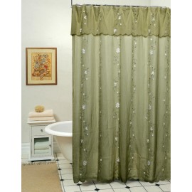 Creative Linens Daisy Embroidered Floral Fabric Shower Curtain with attached Valance Sage Green