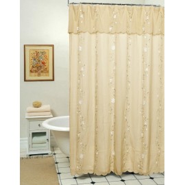 Creative Linens Daisy Embroidered Floral Fabric Shower Curtain with attached Valance Taupe Tan